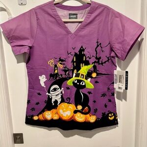 NWT Butter-Soft Originals Scrub Top Halloween Black Cat, Mummy, Haunted House